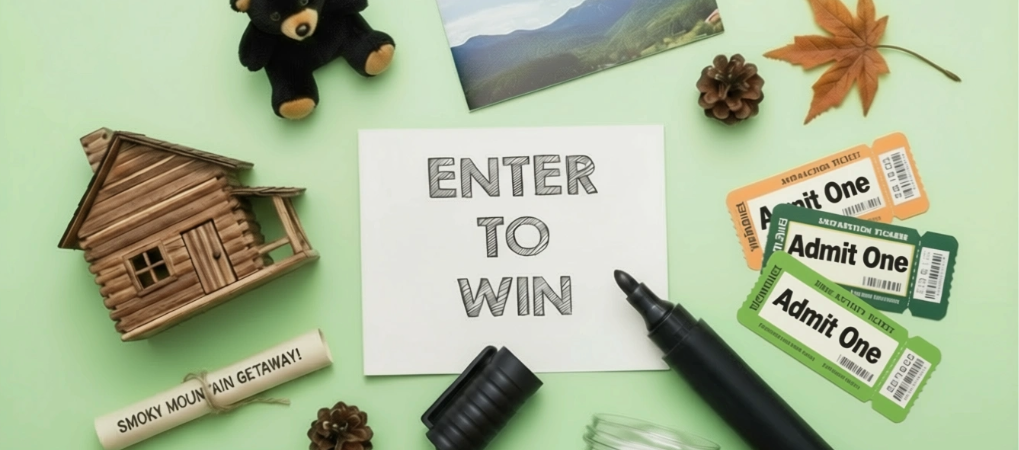 A Smoky Mountain giveaway mood board with a central note that reads Enter to win, with representative items like a plush black bear, attraction tickets, and a log cabin.