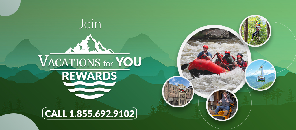 Advertisement showing whitewater rafting, ziplining, and other Smoky Mountain attractions, reading Join Vacations for YOU Rewards; Call 1-855-692-9102